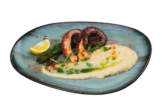 Octopus with asparagus and cauliflower purée